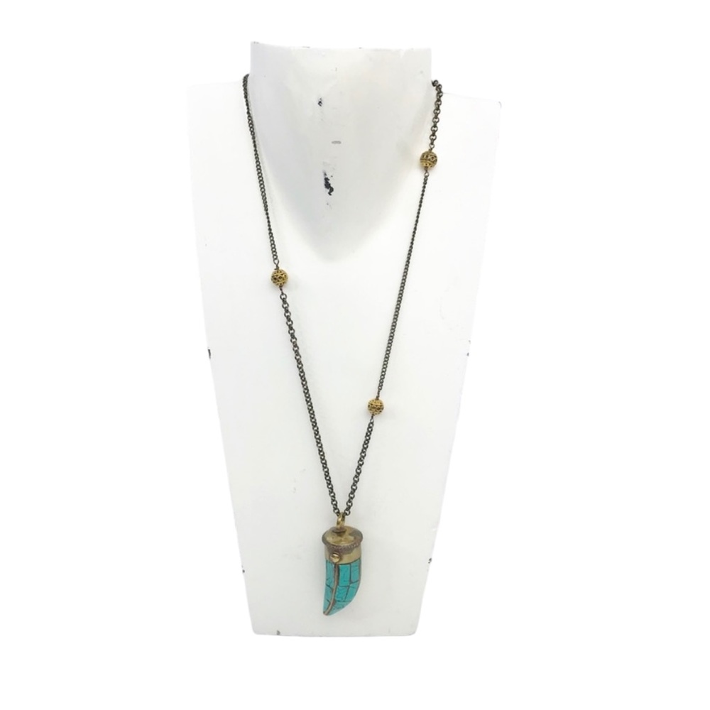 JUNIM Women's Horn Pendant Necklace Boho Turquoise Brass Gold‎ OS